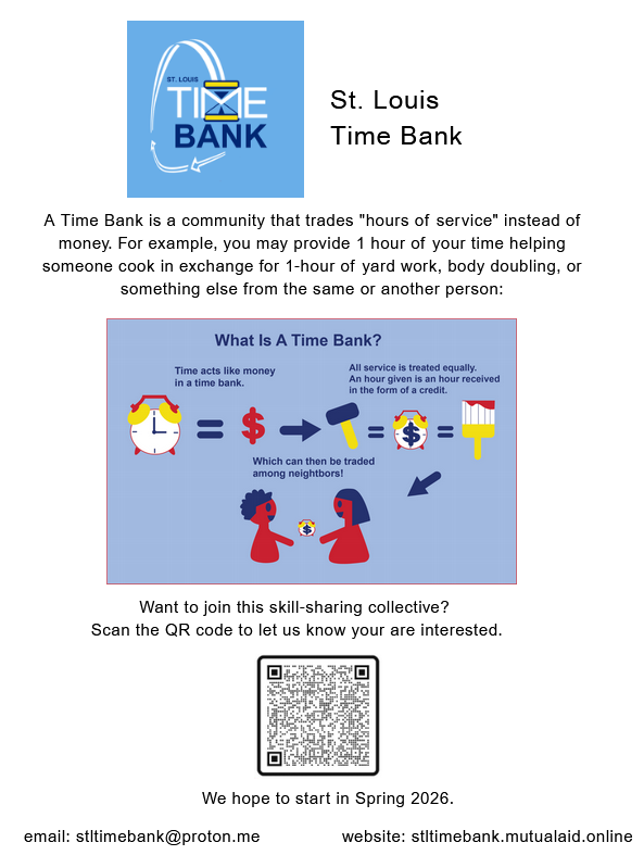 a time bank is a community that trades "hours of service" instead of money. For example, you may provide 1 hour of your time helping someone cook in exchange for 1-hour of yard work, body doubling, or something else from the same or another person